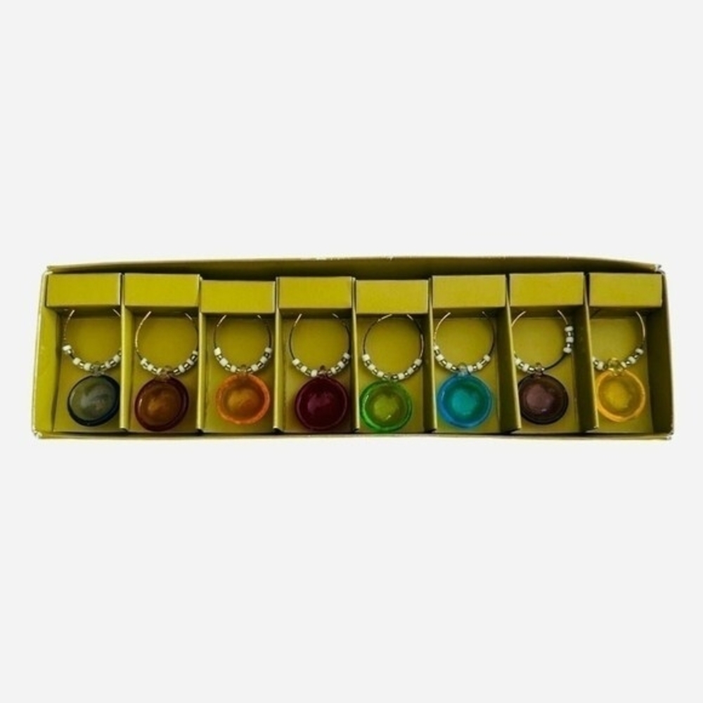 Pier 1 Imports Hand Blown Glass Wine Charms Rings 8pc Multicolor Metal Wire NIB - Picture 3 of 3